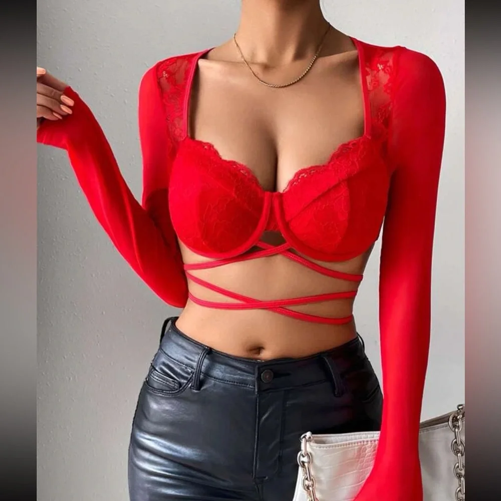 Boho lace crisscross tie back crop top